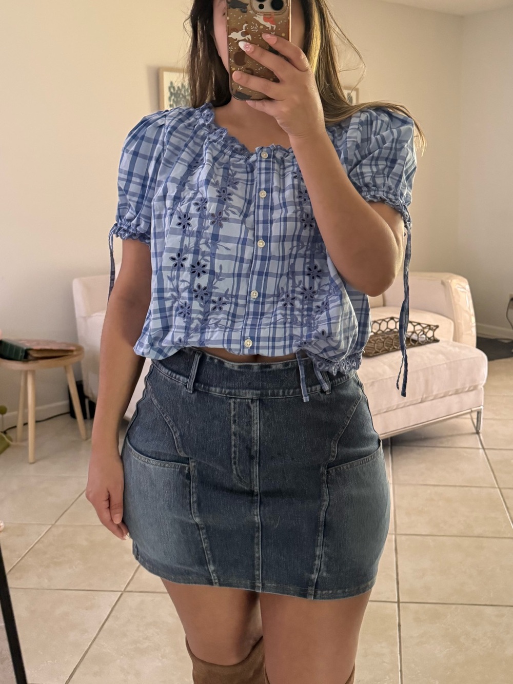 Cottagecore Free Assembly Blue and White Plaid Embroidered Blouse